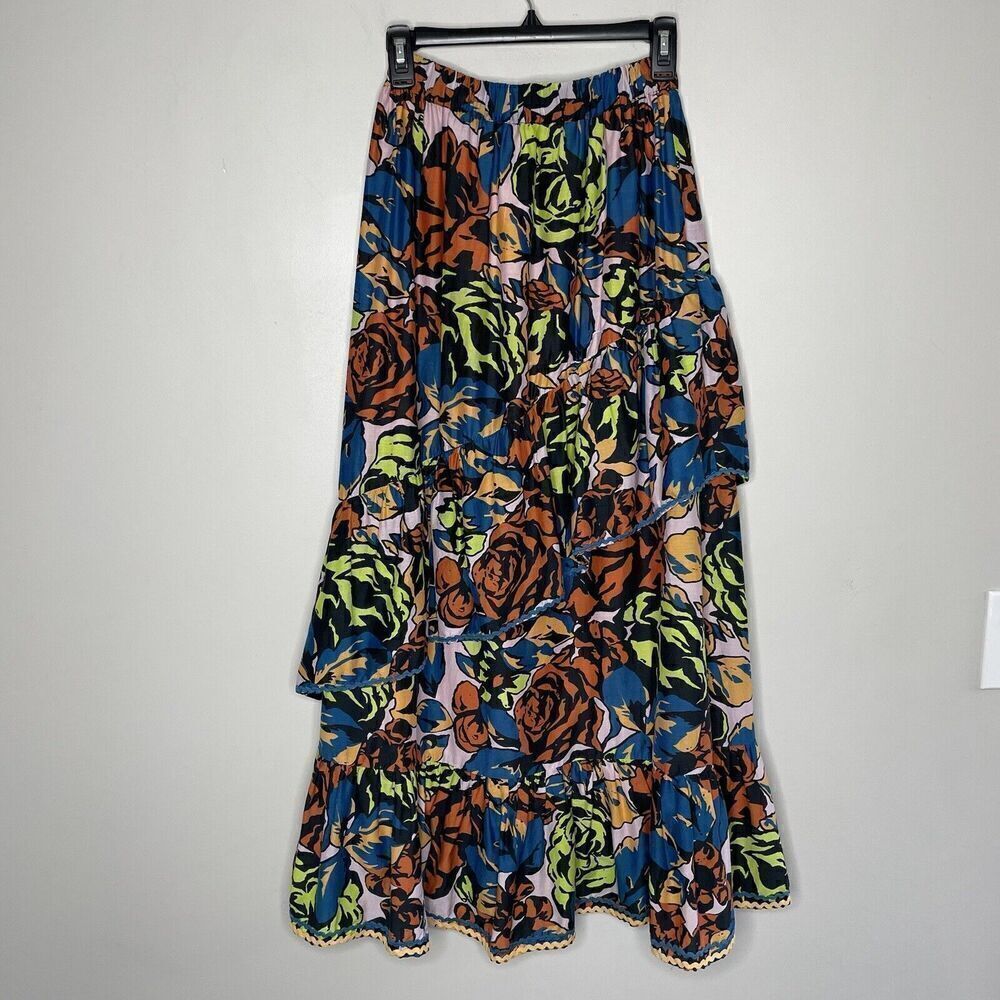 The ODELLS Paloma Skirt Womens Medium (*runs small) Floral Tiered Cotton Silk